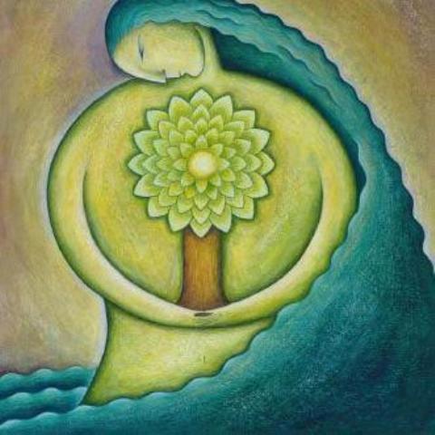 mujer circulo arbol y mar